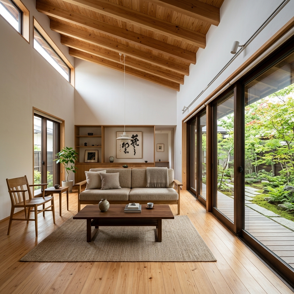シンプルな木と漆喰の家（1.5階建て）